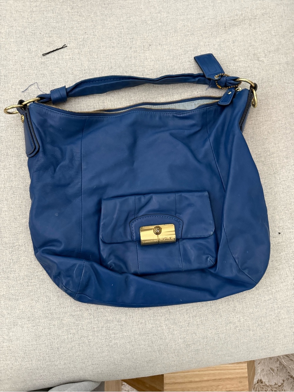 Classic Navy Leather Shoulder Bag with Gold Hardware